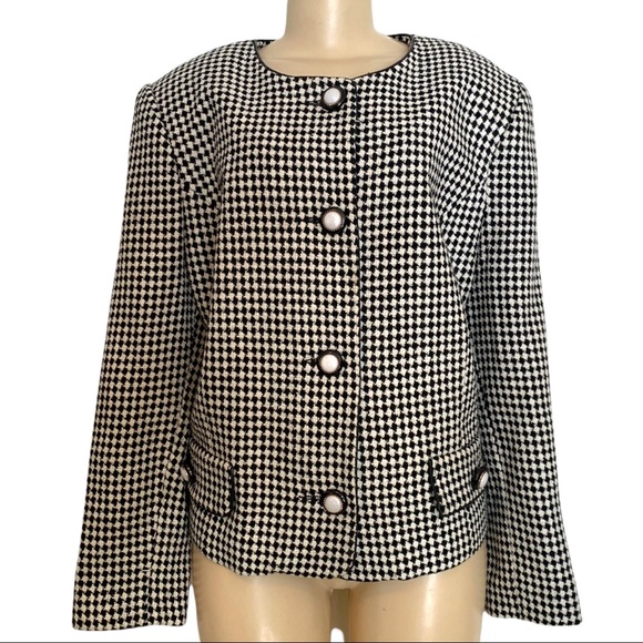 VTG Michel Antoni Harlequin Gingham Checkered Blk White Wool Suit Jacket Blazer - Picture 7 of 7